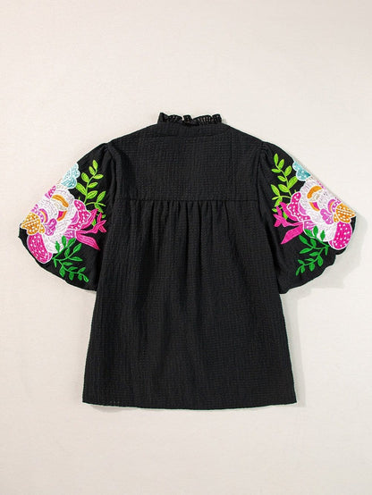 Elegant Black Floral Embroidered V-Neck Puff Sleeve Blouse