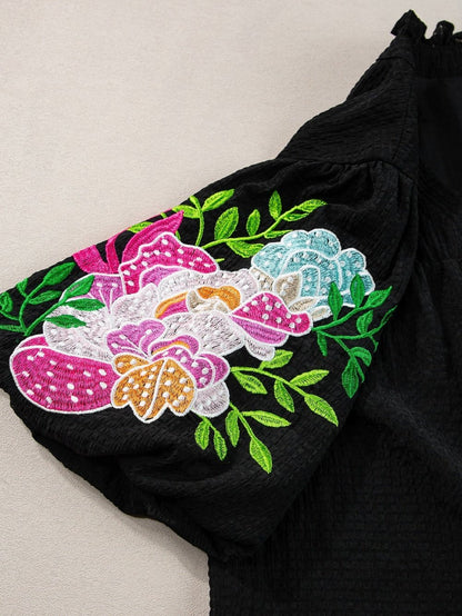 Elegant Black Floral Embroidered V-Neck Puff Sleeve Blouse