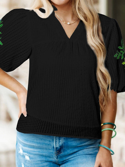 Elegant Black Floral Embroidered V-Neck Puff Sleeve Blouse