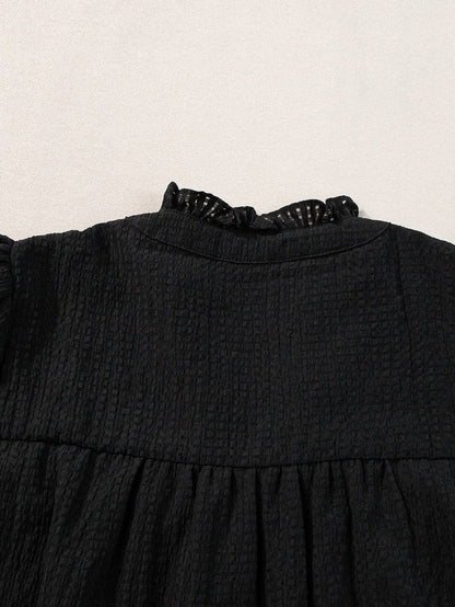 Elegant Black Floral Embroidered V-Neck Puff Sleeve Blouse