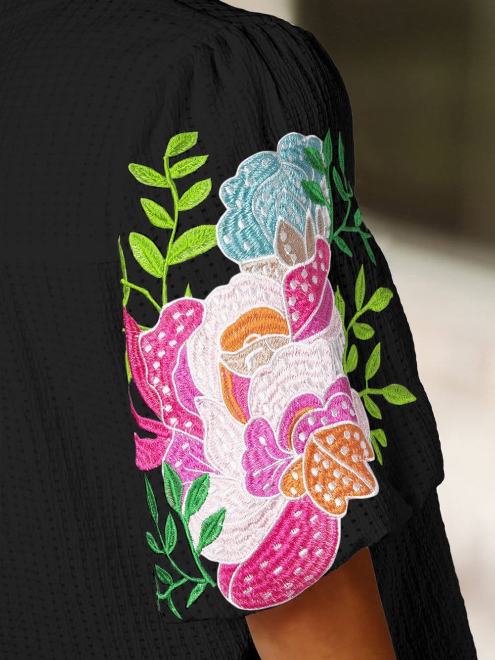 Elegant Black Floral Embroidered V-Neck Puff Sleeve Blouse