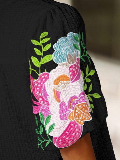 Elegant Black Floral Embroidered V-Neck Puff Sleeve Blouse