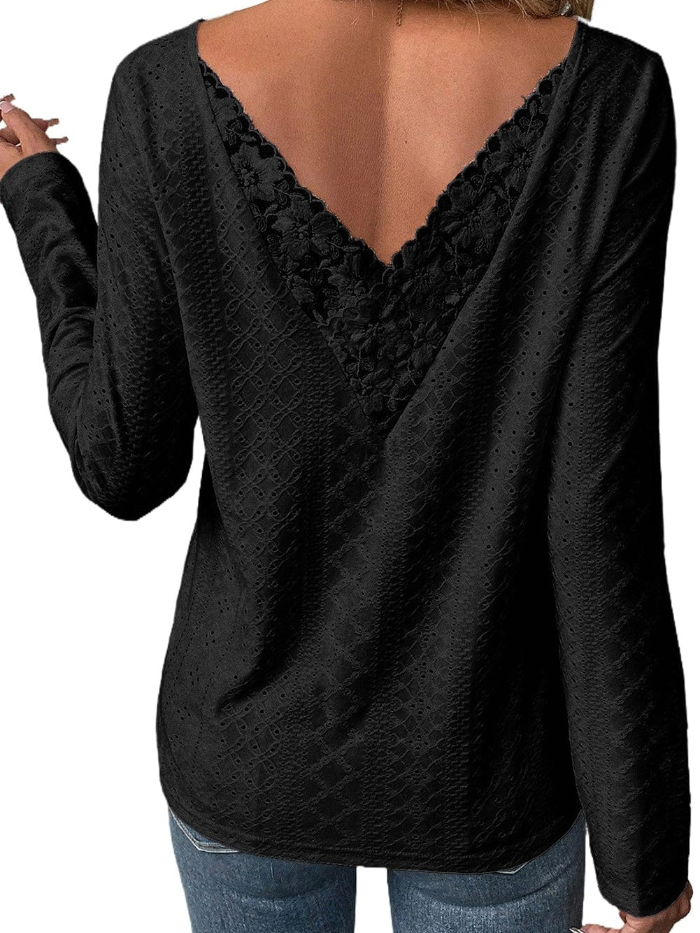 Elegant Black Floral Lace Eyelet Long Sleeve Blouse