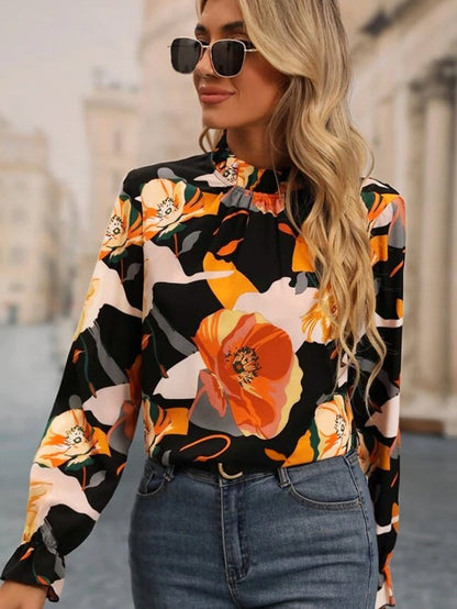 Elegant Black Floral Mock Neck Top