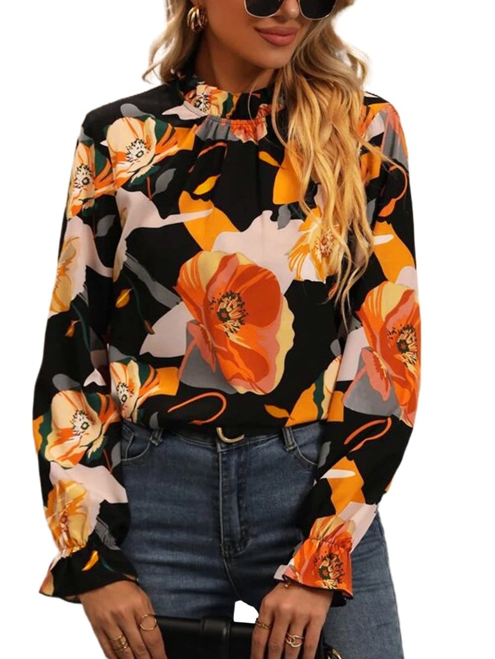 Elegant Black Floral Mock Neck Top