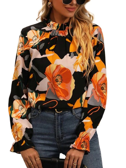 Elegant Black Floral Mock Neck Top
