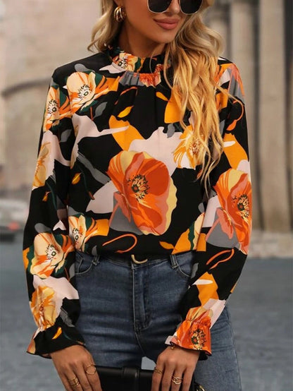 Elegant Black Floral Mock Neck Top