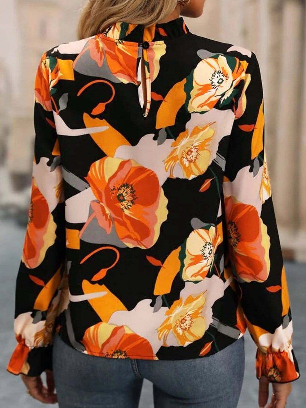 Elegant Black Floral Mock Neck Top