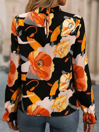 Elegant Black Floral Mock Neck Top