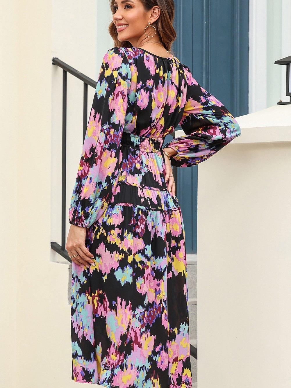 Elegant Black Floral Print Maxi Dress with Pleated Details