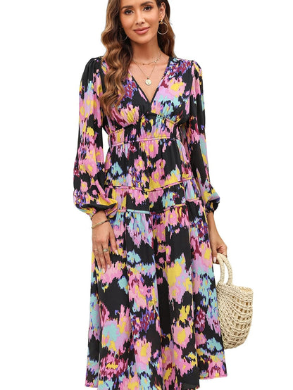 Elegant Black Floral Print Maxi Dress with Pleated Details