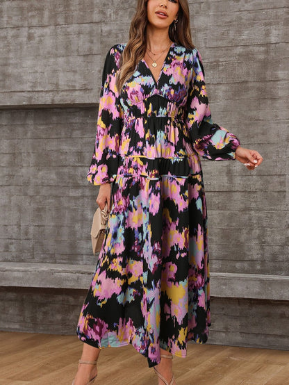 Elegant Black Floral Print Maxi Dress with Pleated Details