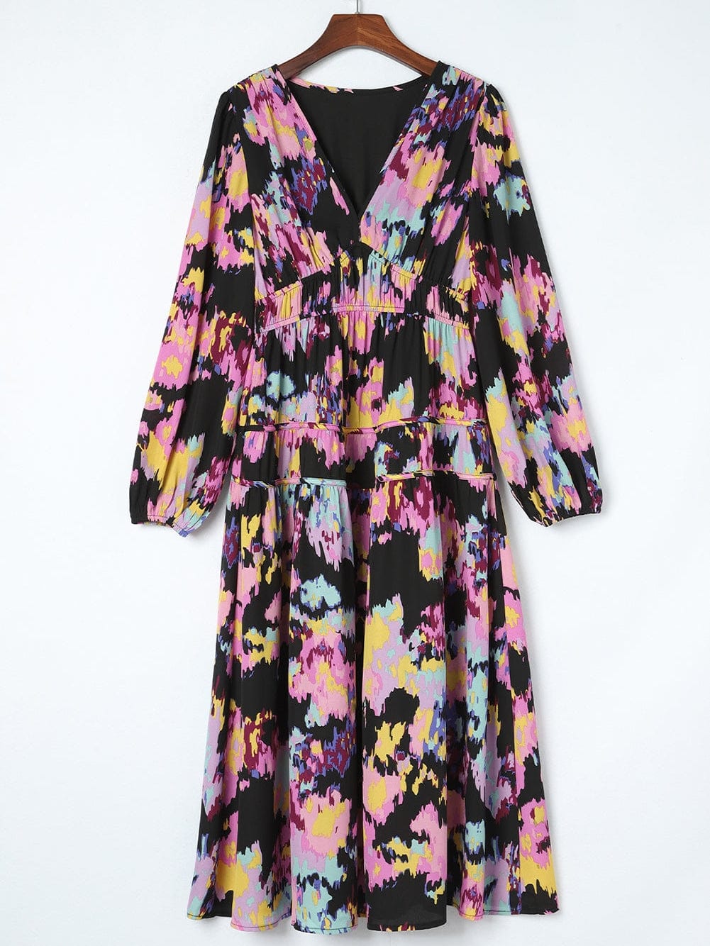 Elegant Black Floral Print Maxi Dress with Pleated Details