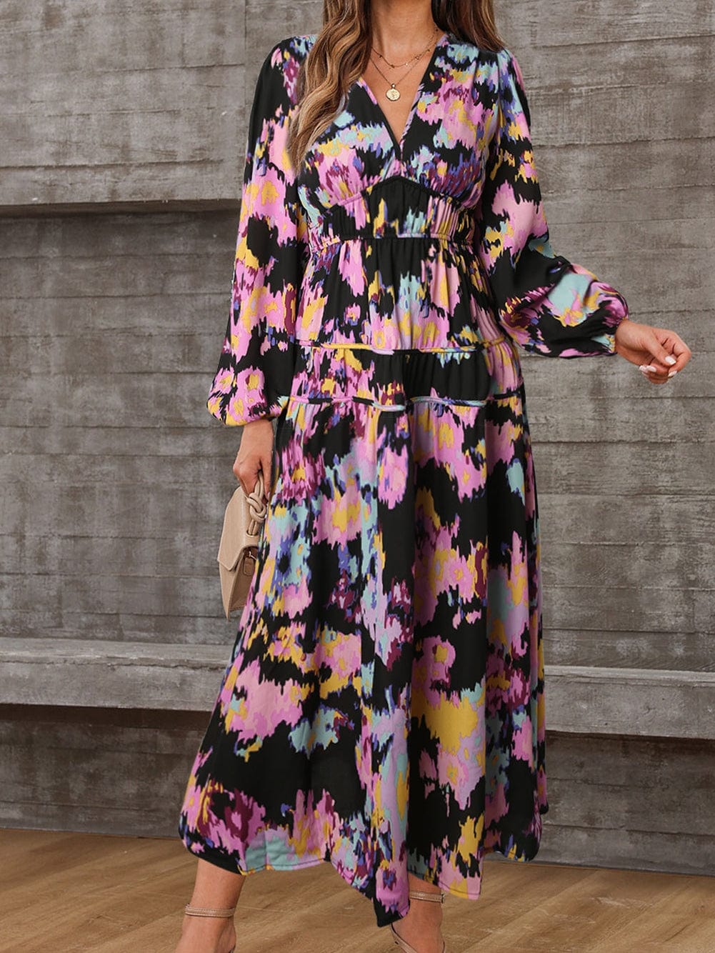Elegant Black Floral Print Maxi Dress with Pleated Details