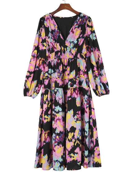 Elegant Black Floral Print Maxi Dress with Pleated Details