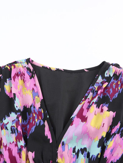 Elegant Black Floral Print Maxi Dress with Pleated Details