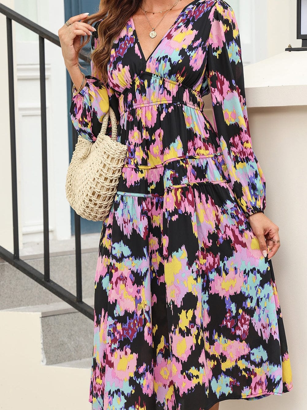 Elegant Black Floral Print Maxi Dress with Pleated Details