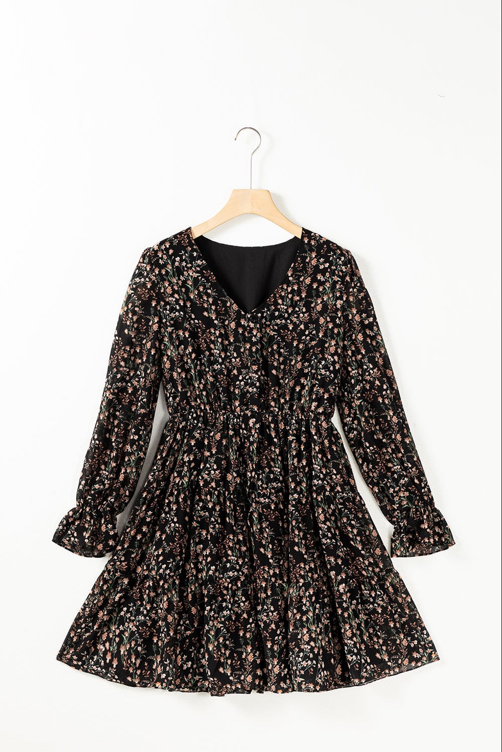 Elegant Black Floral Print V-Neck Puff Sleeve Mini Dress with Ruffles