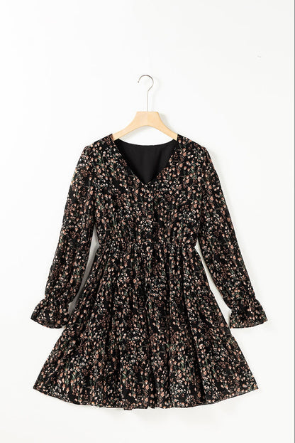 Elegant Black Floral Print V-Neck Puff Sleeve Mini Dress with Ruffles