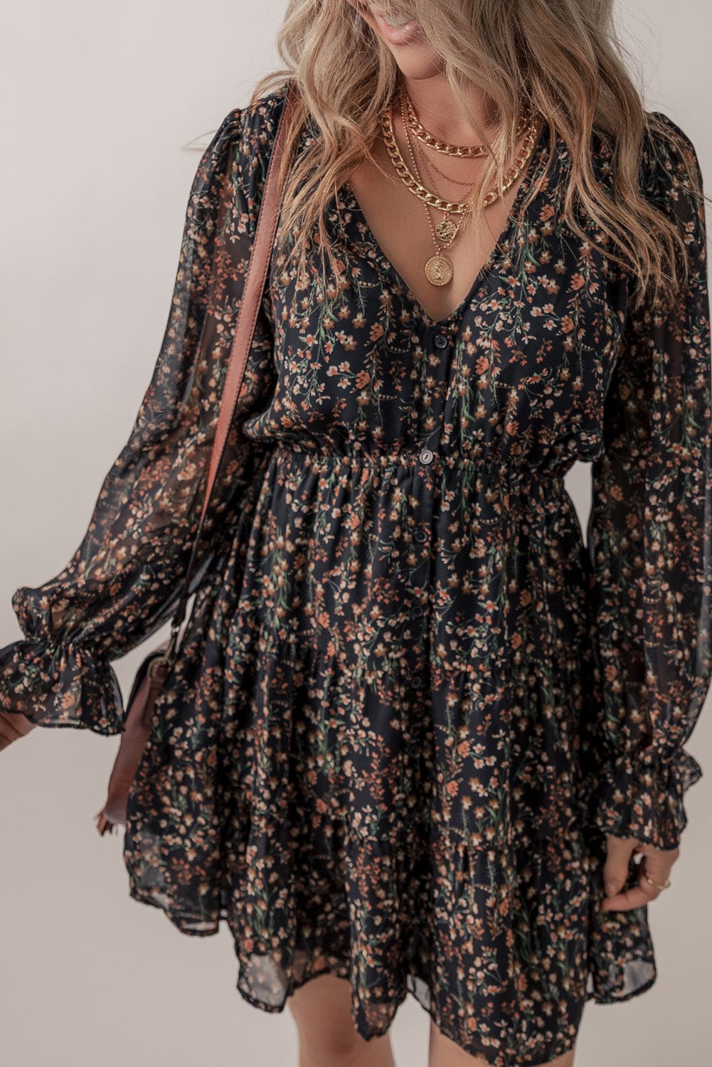 Elegant Black Floral Print V-Neck Puff Sleeve Mini Dress with Ruffles