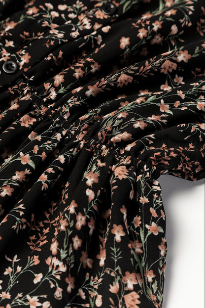 Elegant Black Floral Print V-Neck Puff Sleeve Mini Dress with Ruffles