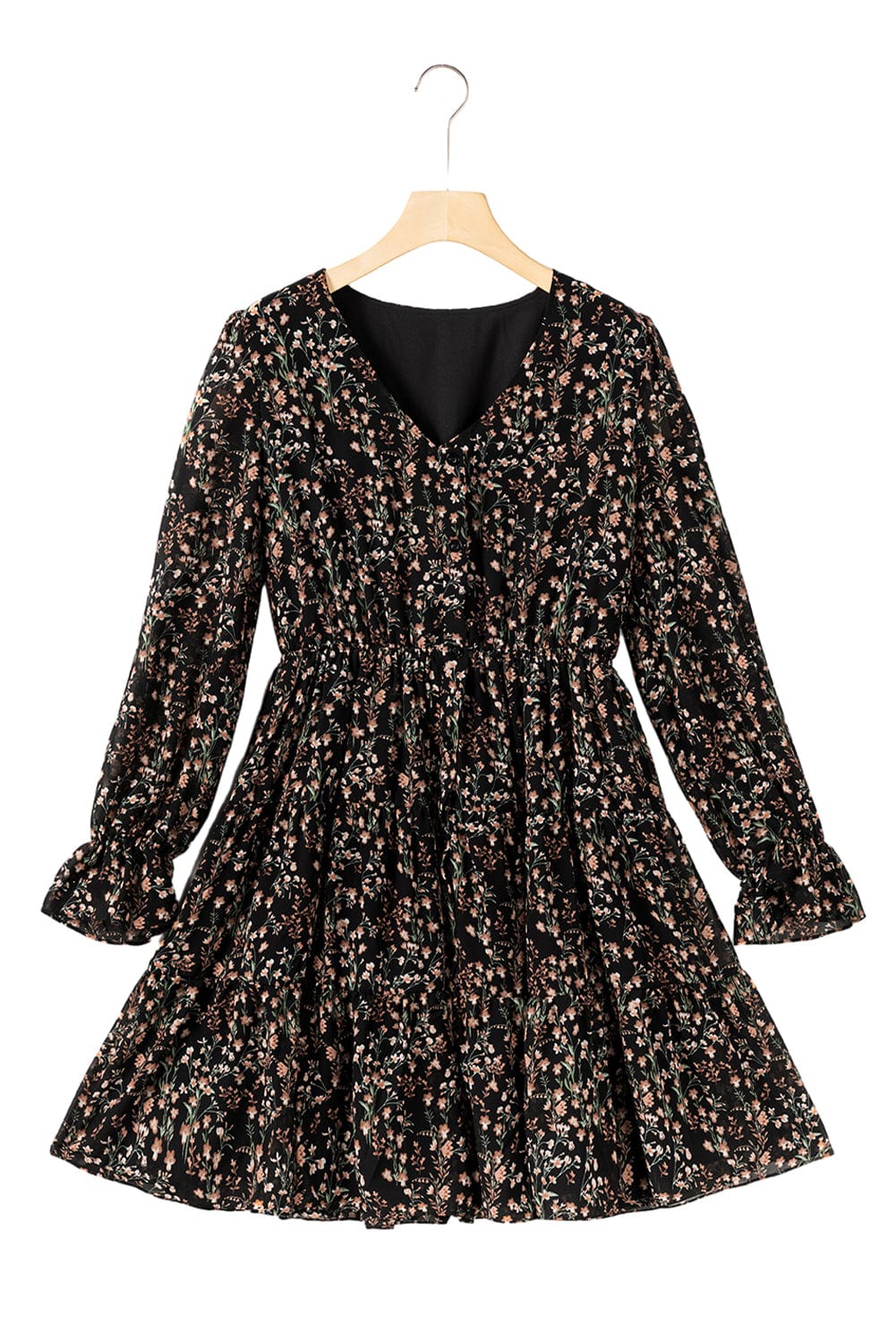 Elegant Black Floral Print V-Neck Puff Sleeve Mini Dress with Ruffles