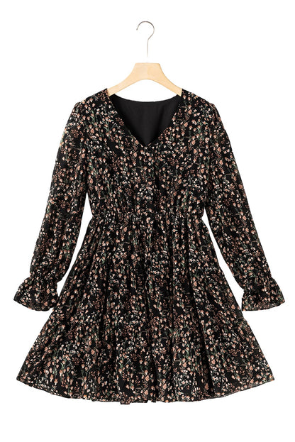 Elegant Black Floral Print V-Neck Puff Sleeve Mini Dress with Ruffles