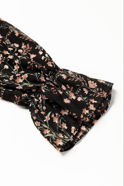 Elegant Black Floral Print V-Neck Puff Sleeve Mini Dress with Ruffles