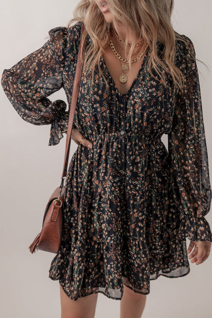 Elegant Black Floral Print V-Neck Puff Sleeve Mini Dress with Ruffles