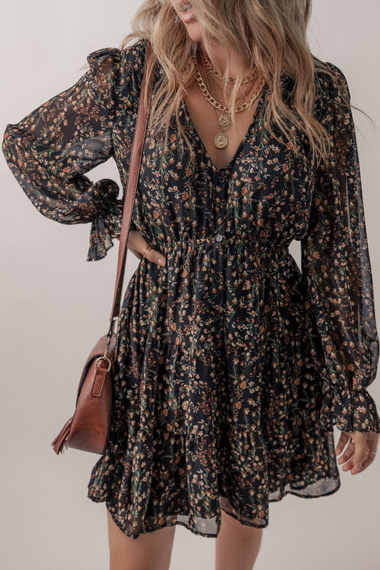 Elegant Black Floral Print V-Neck Puff Sleeve Mini Dress with Ruffles