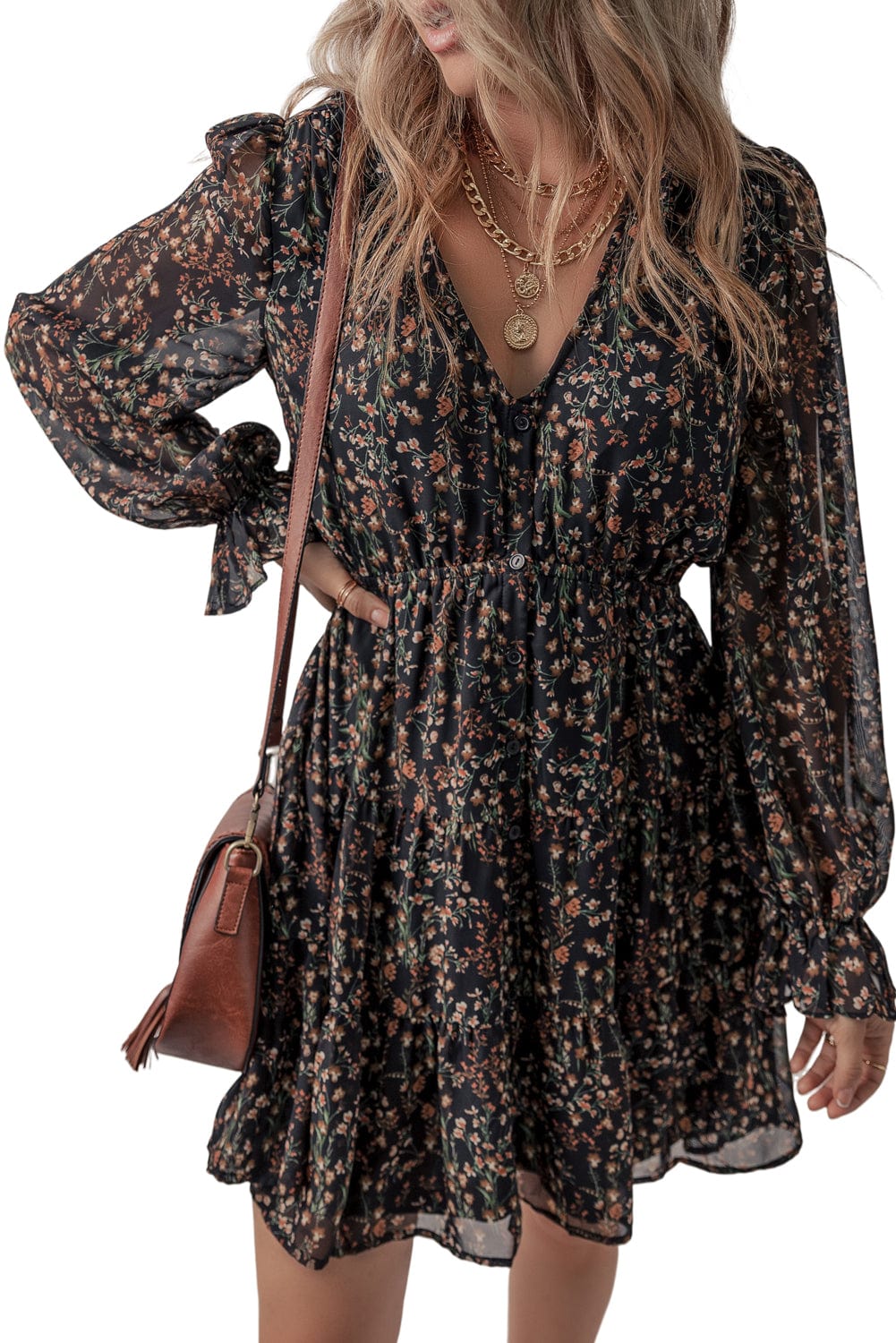 Elegant Black Floral Print V-Neck Puff Sleeve Mini Dress with Ruffles