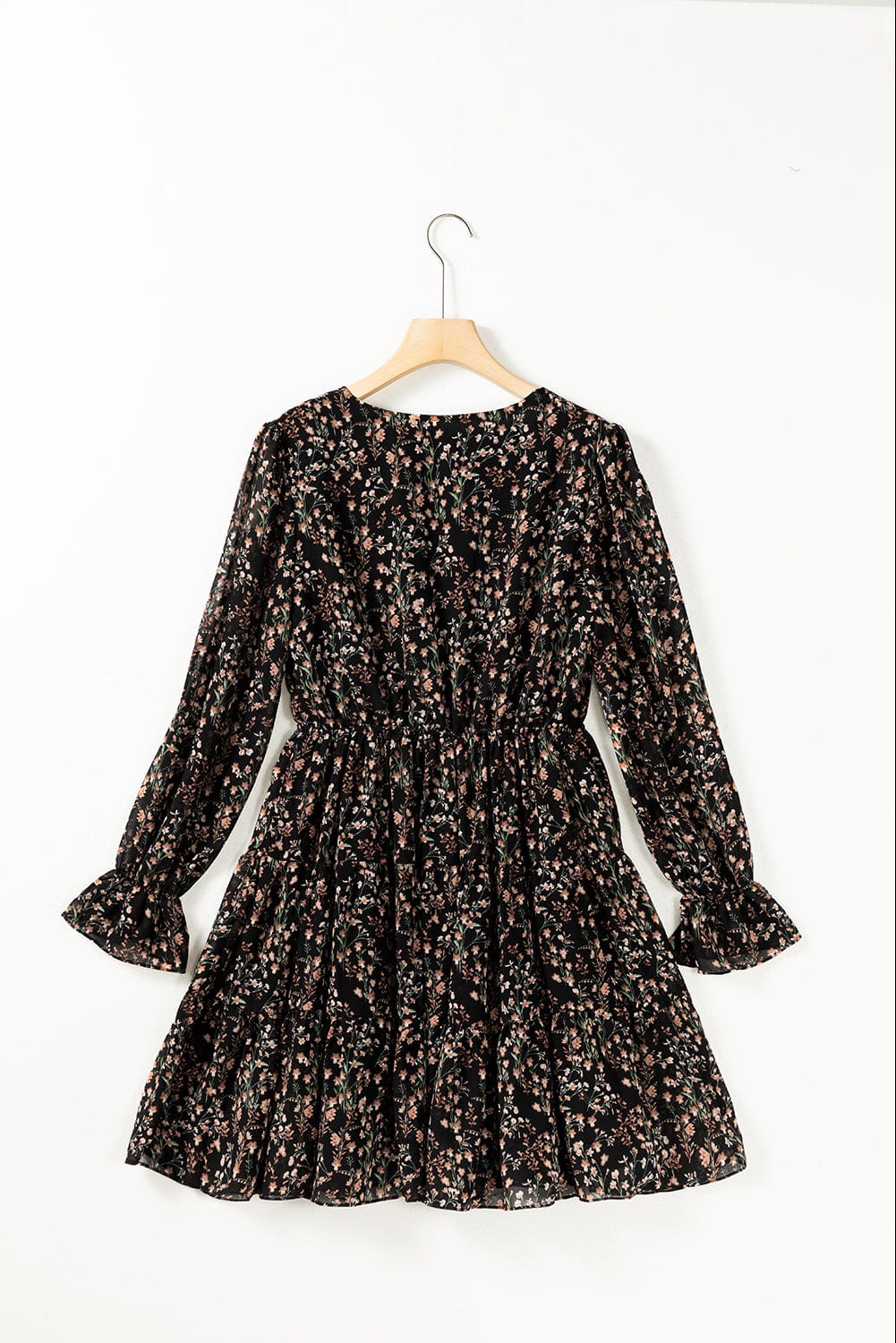 Elegant Black Floral Print V-Neck Puff Sleeve Mini Dress with Ruffles