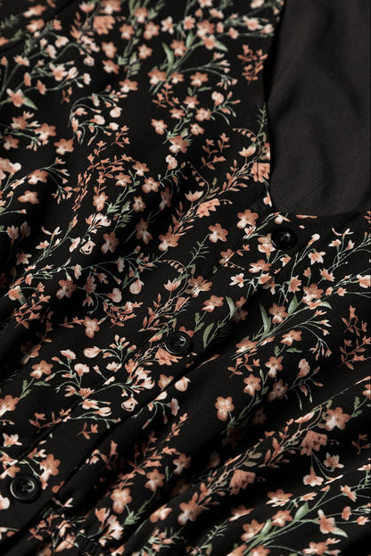 Elegant Black Floral Print V-Neck Puff Sleeve Mini Dress with Ruffles