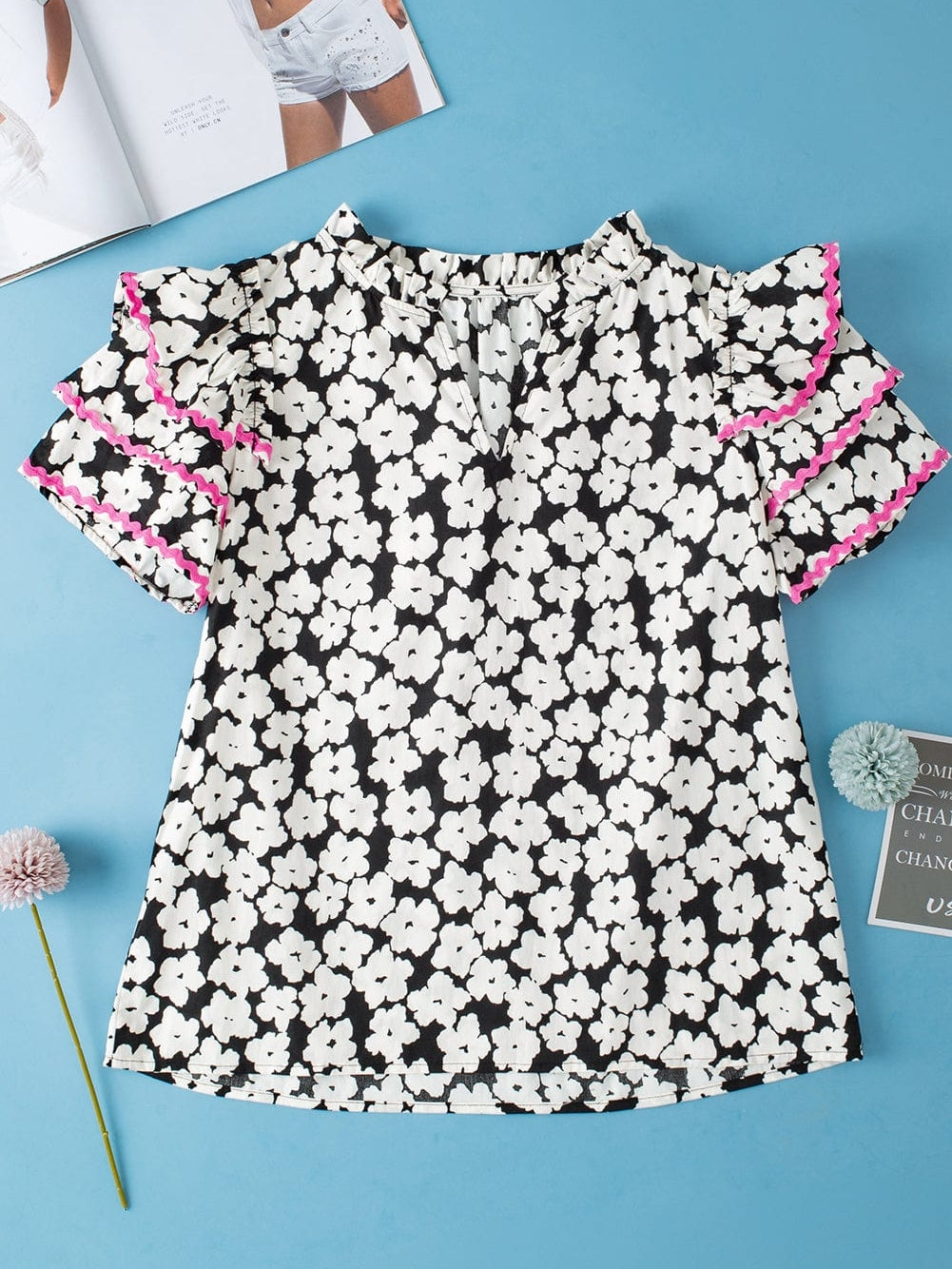 Elegant Black Floral Ruffle Sleeve Blouse with Ric Rac Detail