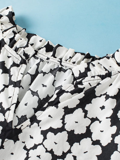 Elegant Black Floral Ruffle Sleeve Blouse with Ric Rac Detail