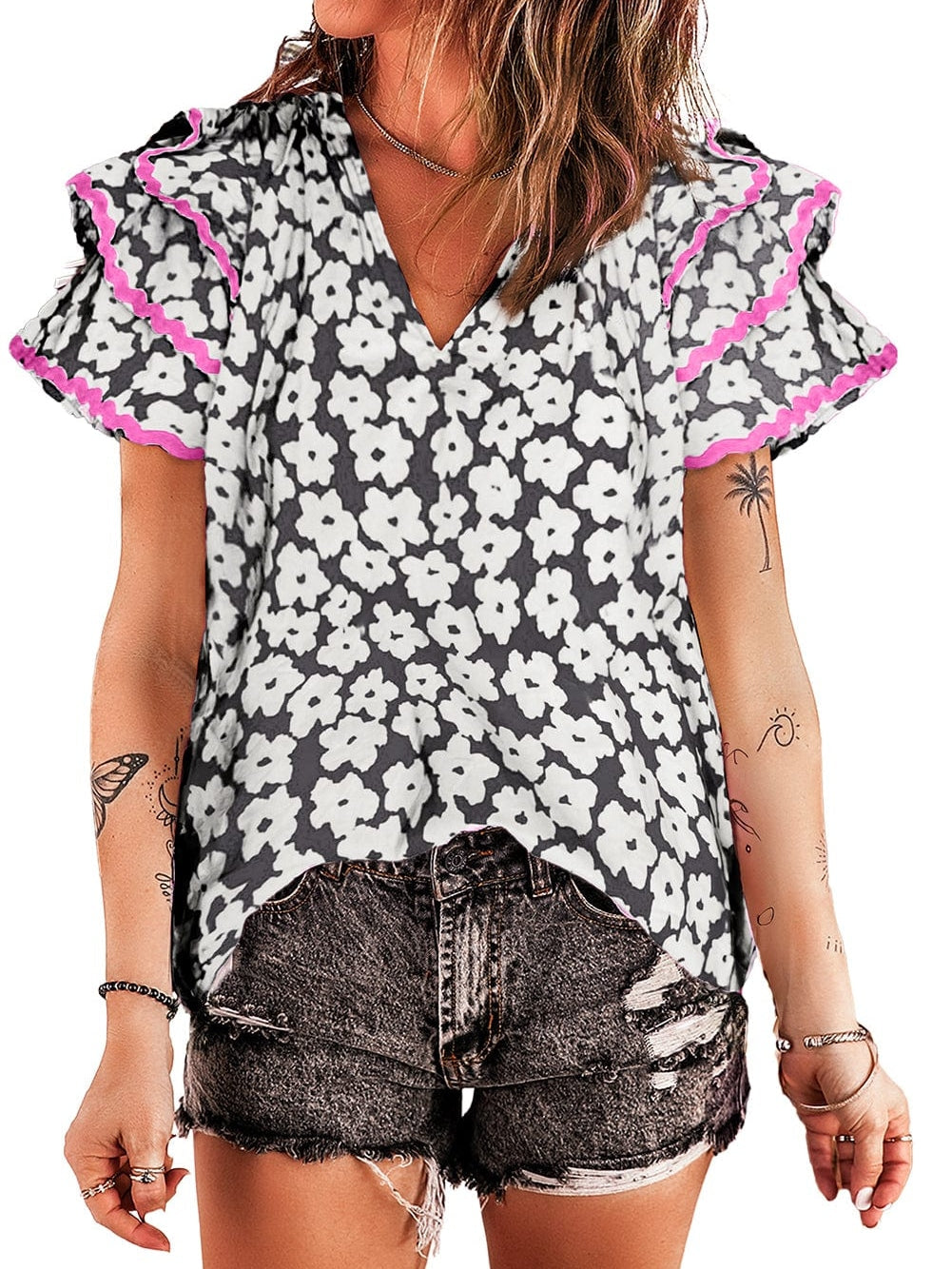 Elegant Black Floral Ruffle Sleeve Blouse with Ric Rac Detail