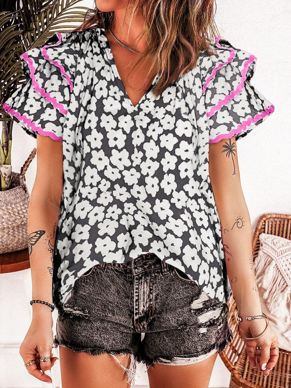 Elegant Black Floral Ruffle Sleeve Blouse with Ric Rac Detail