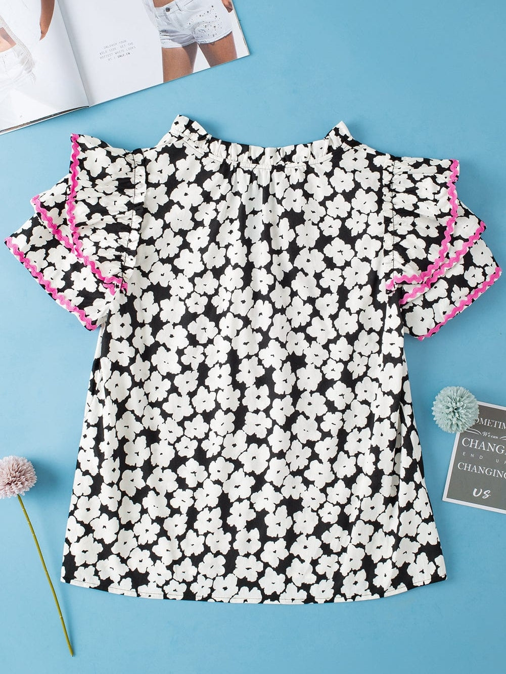 Elegant Black Floral Ruffle Sleeve Blouse with Ric Rac Detail