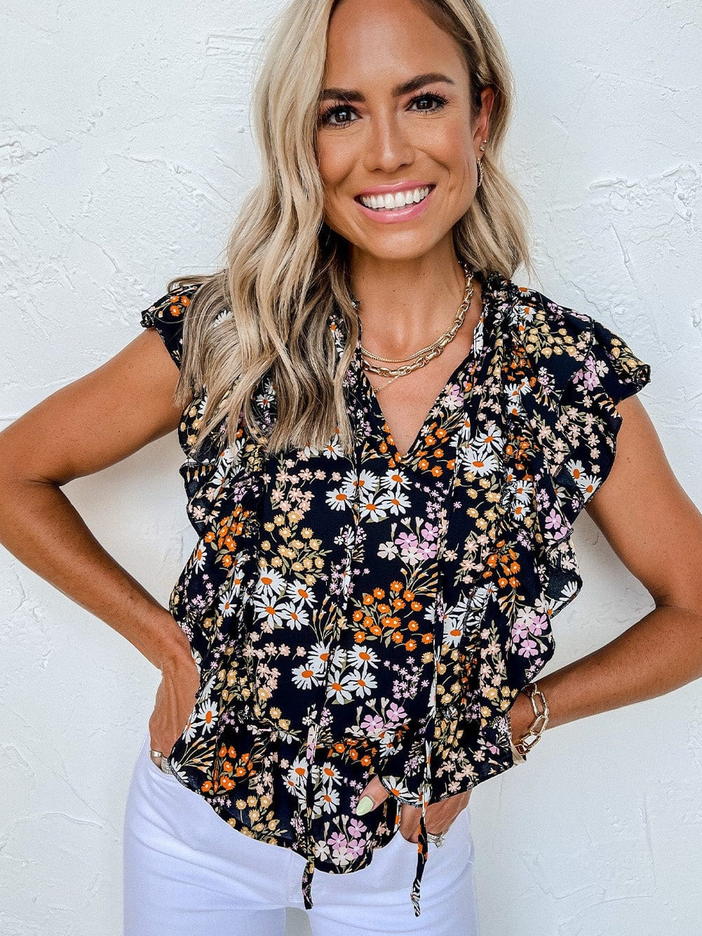 Elegant Black Floral Ruffle V Neck Blouse with Drawstring