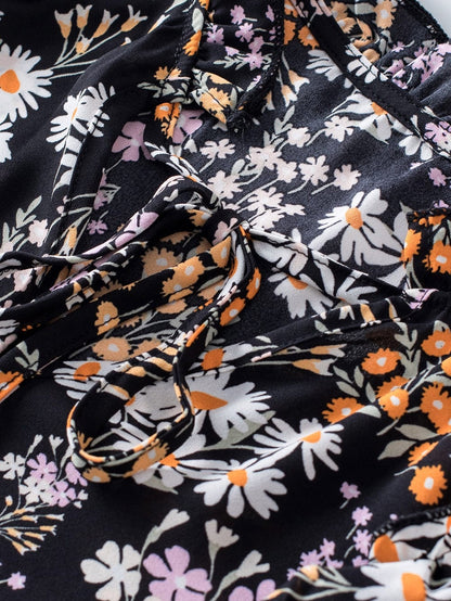 Elegant Black Floral Ruffle V Neck Blouse with Drawstring