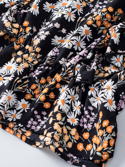 Elegant Black Floral Ruffle V Neck Blouse with Drawstring