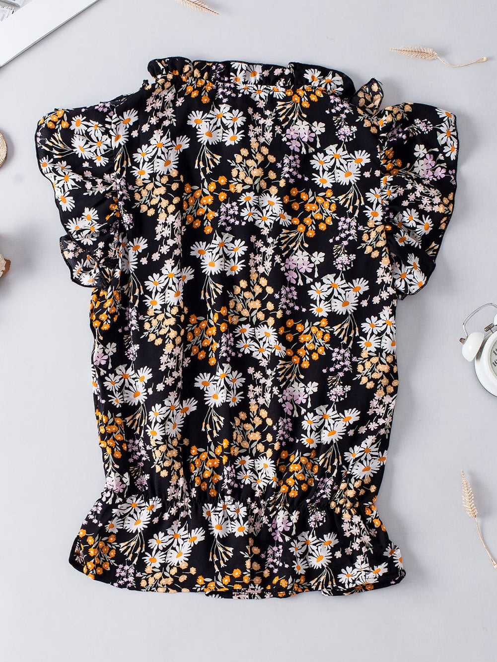 Elegant Black Floral Ruffle V Neck Blouse with Drawstring