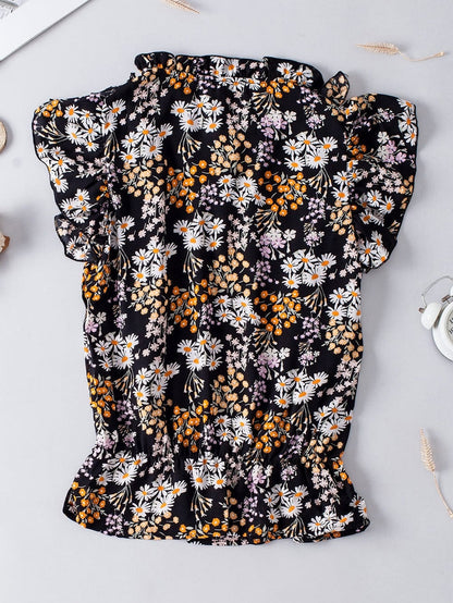 Elegant Black Floral Ruffle V Neck Blouse with Drawstring