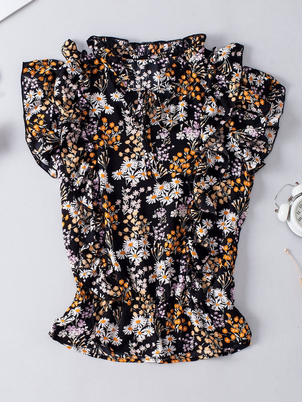 Elegant Black Floral Ruffle V Neck Blouse with Drawstring