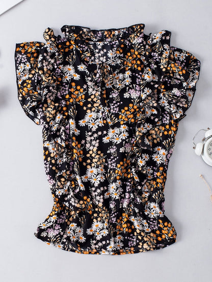 Elegant Black Floral Ruffle V Neck Blouse with Drawstring