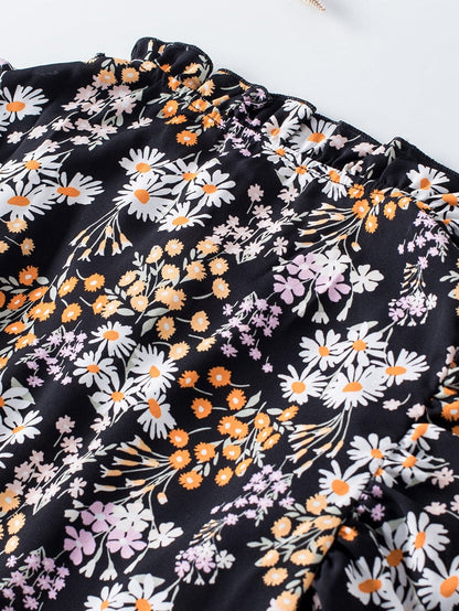 Elegant Black Floral Ruffle V Neck Blouse with Drawstring