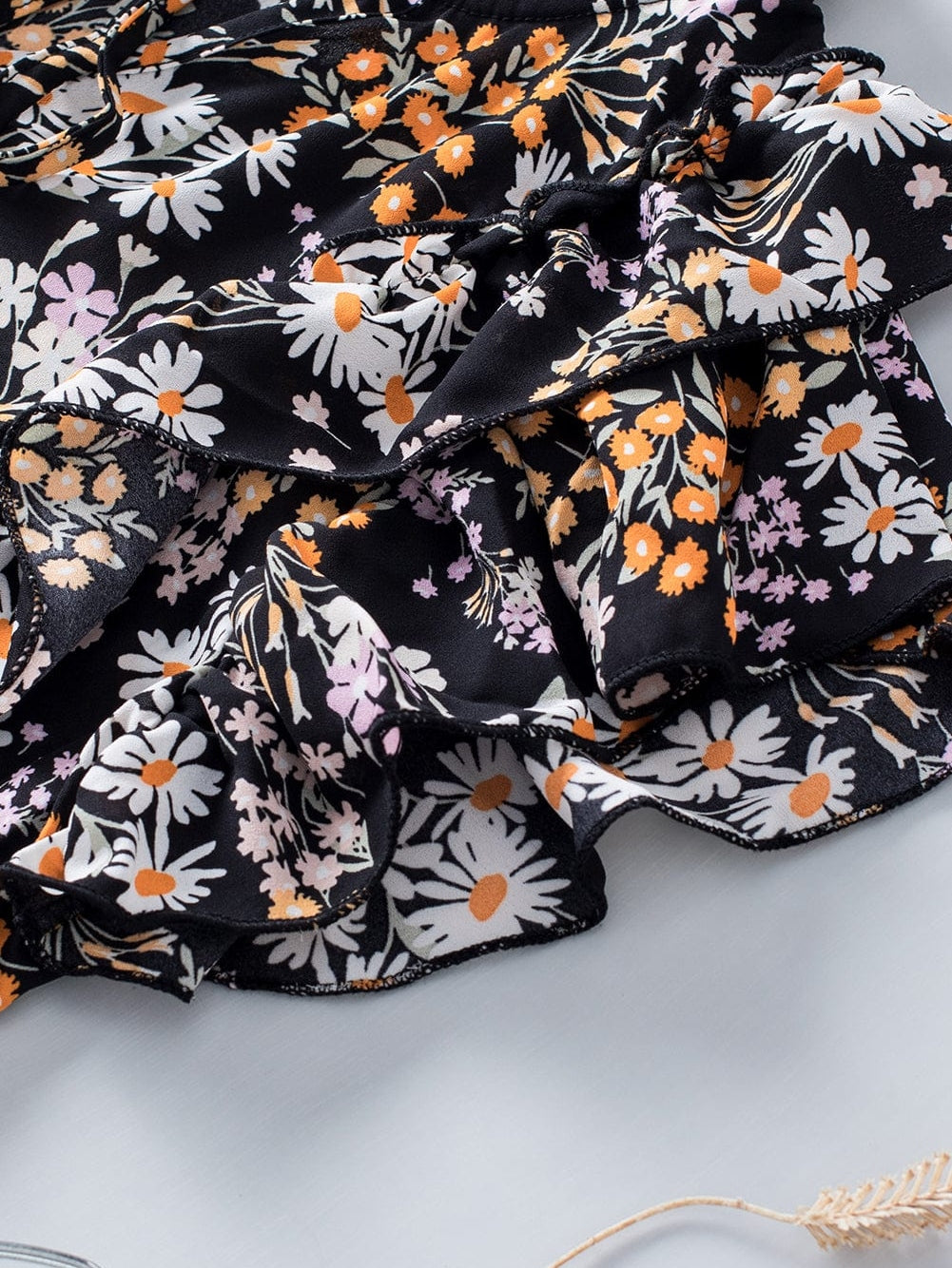 Elegant Black Floral Ruffle V Neck Blouse with Drawstring