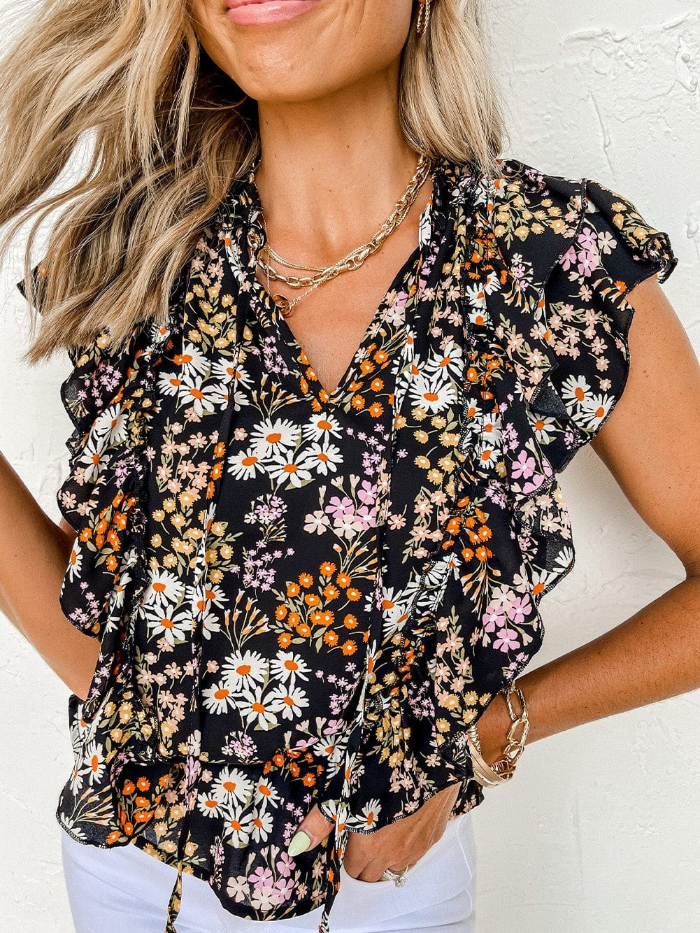 Elegant Black Floral Ruffle V Neck Blouse with Drawstring