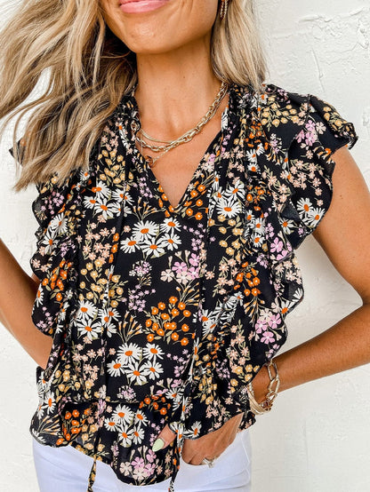 Elegant Black Floral Ruffle V Neck Blouse with Drawstring