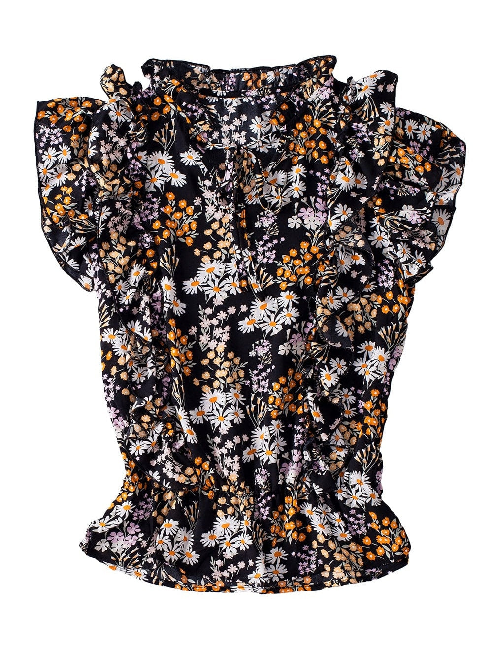 Elegant Black Floral Ruffle V Neck Blouse with Drawstring